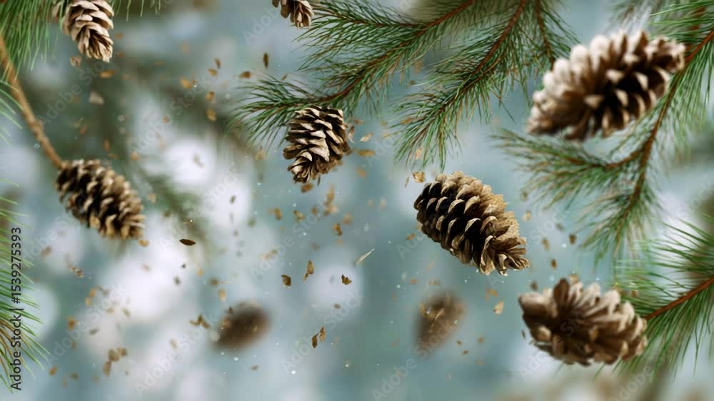 Poster falling pine cones and snowflakes falling from the sky.
