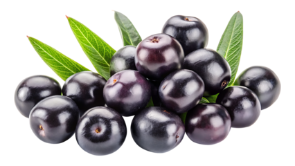 A vibrant display of fresh acai berries with green leaves on white background