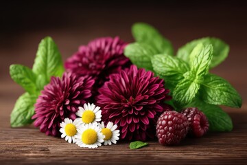 Obraz premium Lush bouquet of vibrant chrysanthemums and delicate daisies paired with fresh mint leaves and ripe raspberries creating a stunning arrangement showing nature's intricate beauty and freshness