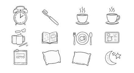 Hand-drawn illustrations of bedtime routine elements: alarm clock, toothbrush, tea, book, pillow, moon, and more, perfect for sleep hygiene designs.