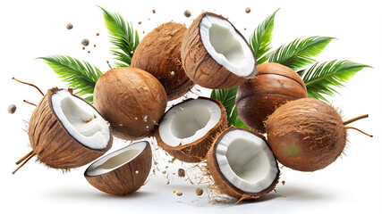 Coconuts and palm leaves in a dynamic arrangement on a white background