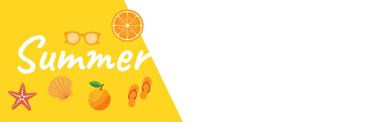 Summer Beach Holiday Background with, Flip Flops, Starfish, and Tropical Leaves – Vibrant Vector Illustration for Vacation, Travel, Summer Sale, or Tropical Season Promo.