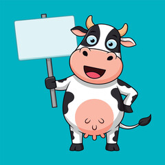 Cute Cartoon Dairy Cow Vector with Empty White Placard for Text.
