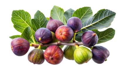 A bountiful branch of figs showcasing various ripeness stages with vibrant foliage