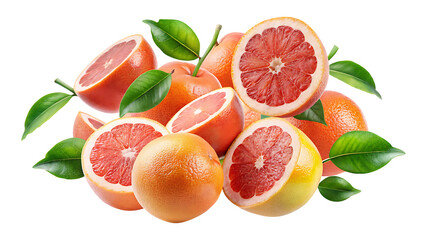 A vibrant and refreshing display of sliced and whole grapefruit with leaves