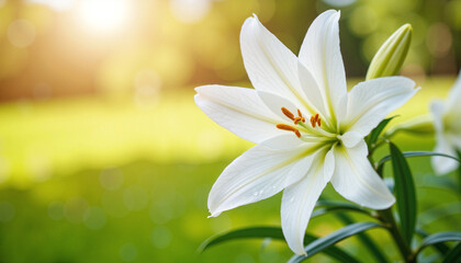 Fototapeta premium Pure white lily flower in garden. Single elegant lily blossom with dew drops. Closeup image of white lily perfect for sympathy cards and funeral announcements.