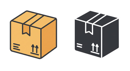 Obraz premium Two isometric box icons one in color and one in black and white with shipping arrows and tape design