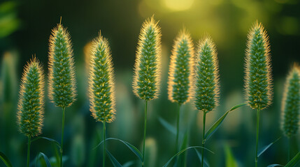 Close-up of green foxtail (Setaria viridis) bristle grass in natural setting. Wild flora with fine texture on lush green background. Macro nature scene symbolizing simplicity and growth.

