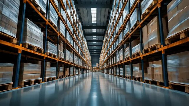 Inside modern warehouse distribution center with shelves full of packages