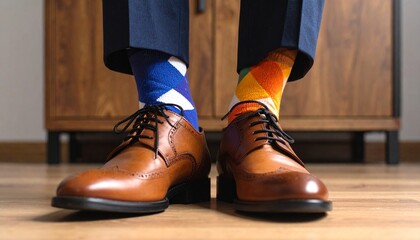 Low Angle Close-Up of Polished Oxford Shoes Paired with Colorful, Funky Mismatched Socks on a Suit-Wearing Individual, Showcasing Bold Style, Personality, and Fashion Expression with Attitude