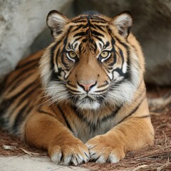 Fototapeta premium Majestic tiger resting, intense gaze. A powerful image of a tiger in its natural habitat
