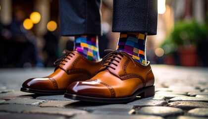 Low Angle Close-Up of Polished Oxford Shoes Paired with Colorful, Funky Mismatched Socks on a Suit-Wearing Individual, Showcasing Bold Style, Personality, and Fashion Expression with Attitude