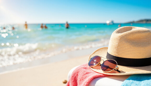 Summer beach hat with sunglasses on towel. Summer vacation essentials include stylish straw hat and fashionable sunglasses. Relaxing summer beach concept for travel blogs and tourism websites.