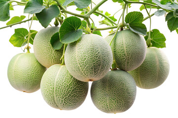Closeup of thriving cantaloupe melons growing on the vine with green leaves