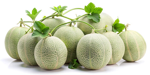 A delightful arrangement of cantaloupe melons with leaves on a white background