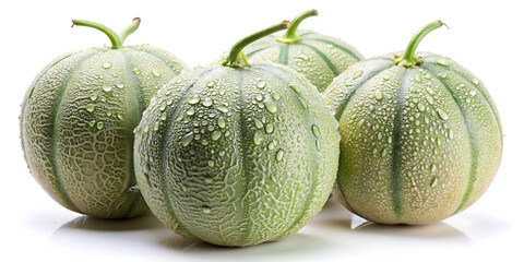 Four fresh Galia melons glistening with water droplets on a white surface