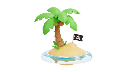 Obraz premium 3D Render of a Tropical Island Scene Featuring Palm Tree Beach and Pirate Flag on Transparent Background