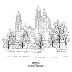 Theatine Church in Munich hand drawn vector illustration