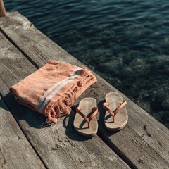Relaxing beach scene with sandals and a towel on a wooden dock by the sea.  The calm water and soft colors create a serene atmosphere.