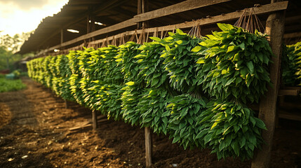 Rows of hanging tobacco leaves drying naturally in a rustic barn, showcasing traditional agricultural methods and quality control in tobacco farming. The warm light filters through wooden beams, highl