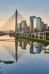 Urban cityscape with a cable-stayed bridge in São Paulo.