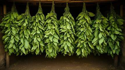 Rows of hanging tobacco leaves drying naturally in a rustic barn, showcasing traditional agricultural methods and quality control in tobacco farming. The warm light filters through wooden beams, highl