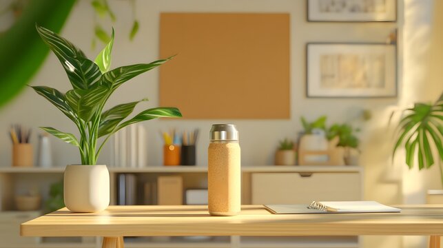Indoor workspace with plant, water bottle, and desk accessories in soft lighting