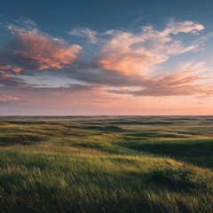 A stunning landscape of a grassy field under a beautiful sunset sky. The colors create a dramatic and breathtaking scenery