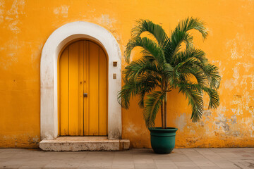 Fototapeta premium Yellow door and palm tree