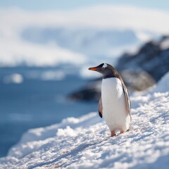 Fototapeta premium A Gentoo penguin standing on a snow-covered hill, looking towards the ocean. The penguin is a close-up view, showcasing its distinctive black and white plumage