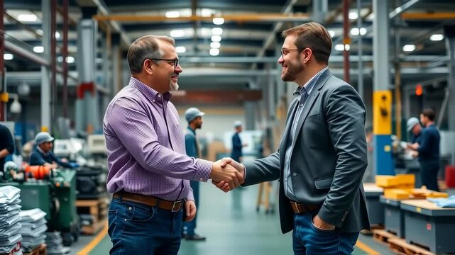 Business Deal Handshake in Factory Setting, Cooperation and Agreement