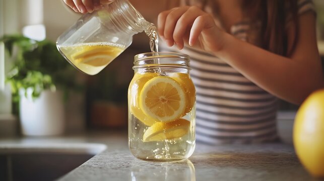 Pouring water from a pitcher into a mason jar filled with lemon slices indoors - Powered by Adobe