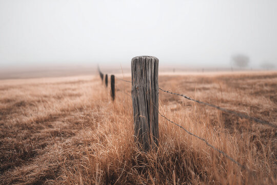 Rustic fence post in a misty field - Powered by Adobe
