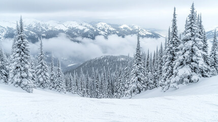 A serene winter landscape enveloped in mist, featuring snow-covered white trees standing tall and silent. The soft fog diffuses the pale light, creating a tranquil and ethereal atmosphere. The pristin
