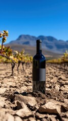 Fototapeta premium Wine bottle mockup in South African vineyard with mountains under clear blue sky, ideal for branding and marketing