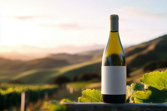  Wine bottle mockup with blank label in scenic New Zealand vineyard at sunset, perfect for branding and advertising.