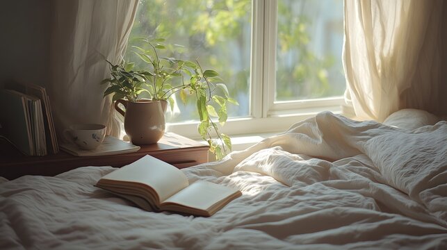 A cozy scene of an open book on a bed with a plant near a bright window light