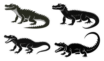 Detailed Alligator Silhouettes in Different Poses – Black Illustration on Transparent Background