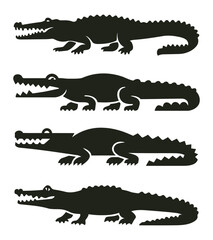 Four Silhouettes of Alligators with Diverse Poses and Black Design on Transparent Background