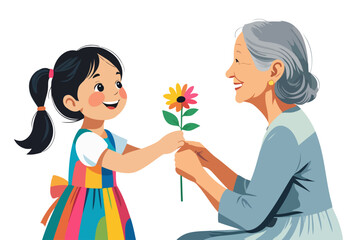 Young Girl Presents Bright Flower to Elderly Woman in Joyful Interaction – Digital Art
