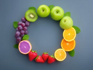 Colorful fruit arrangement with strawberries, oranges, grapes, kiwi, and green apples featuring mint leaves on a textured background showcasing vibrant freshness and healthy eating choices
