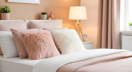 Cozy Bedroom Decor Soft Pink and White Bedding with Fluffy Pillows