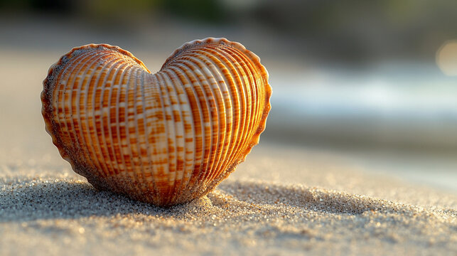 A delicate heart shape formed by seashells rests gently on soft, golden sand by the beach. The natural textures and warm tones evoke feelings of love, tranquility, and connection to nature. This seren