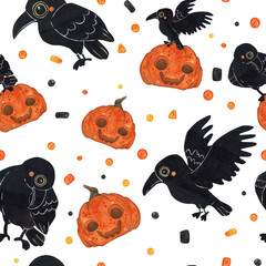 Seamless pattern with crows and festive pumpkins among confetti for Halloween. Watercolor illustration hand drawn cartoon. Drawing for textile, for paper, cards and invitations. Holiday, animals