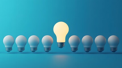 Row of light bulbs with one illuminated on a blue background in studio shot