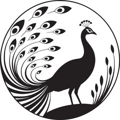 Fototapeta premium Peacock silhouette within a circle with decorative feathers and plant life in black and white art