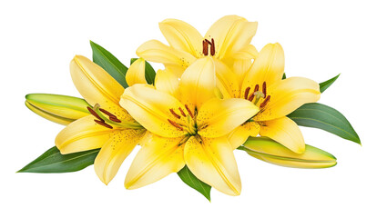 Obraz premium PNG Yellow lily flowers with green leaves lilies decoration yellow.