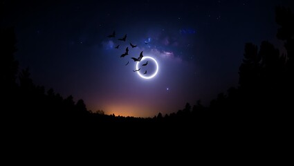 Mystical Night Sky Bats and Glowing Ring Eclipse