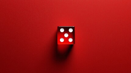 Red dice on red background. A single red transparent die rests on a matching red surface, showing a four.