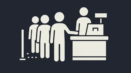 A white icon showing people in line at a counter with a register on a dark gray background design